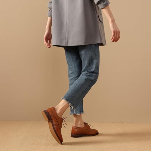 Image of BEAU TODAY Oxford Shoes for Women,Leather Brogue Dress Shoes,Comfort Brethable Ladies Lace-up Handmade Wingtip Shoes for Business Work