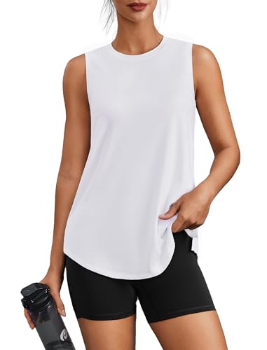Image of PINSPARK Women's Sleeveless Workout Tank Top UPF 50+ Sun Protection Quick Dry Lightweight Yoga Gym Running Athletic Top White S