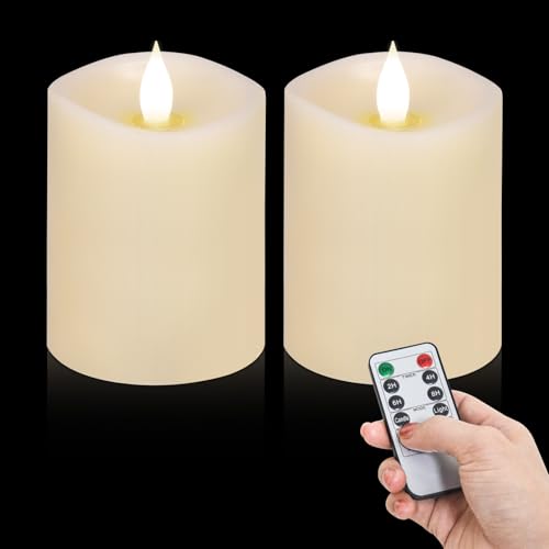 Image of 3x4 Flickering Flameless Candles Set of 2,Real Wax LED Battery Candles,with Timer,4 inch Flameless Candles with Remote,Battery Operated Candles,for Wedding Holiday Home Decor,Ivory