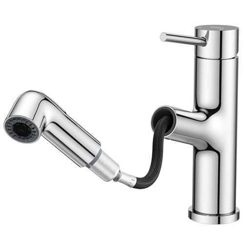 HURRAN Grifo de Baño con Cabezal Extraíble, Monomando para Lavabo con 2 Modos, Grifo para Fregadero de Uso General, Acero Inoxidable, Cromo