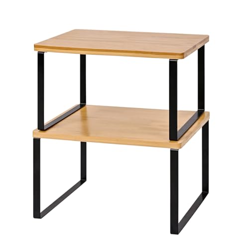 T-LOVENDO.ES Conjunto de duas prateleiras para cozinha, especiarias, conjunto de 2, organizador de bancada, armário, prateleira de armazenamento de cozinha, empilhável, especiarias de metal e madeira