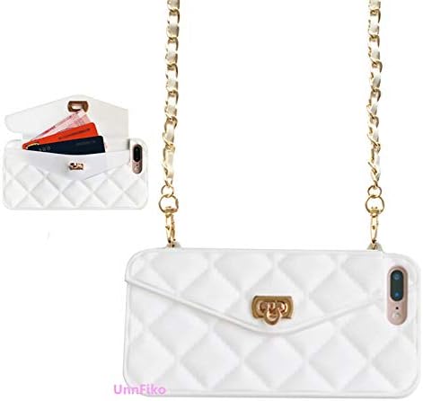 UnnFiko Wallet Case Compatible with iPhone 7 Plus/iPhone 8 Plus, Pretty Luxury Bag Design, Purse Flip Card Pouch Cover Soft Silicone Case with Long Shoulder Strap (White, iPhone 7 Plus / 8 Plus)