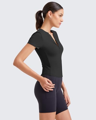 Image of G4Free BareFeel Womens Workout Tops Short Sleeve Half Zip Slim Fit Athletic Shirts Gym Running Yoga Slight Crop Tshirts