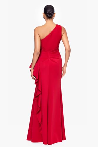Image of Xscape Women's Floor Length One Shoulder Ruched Waist with Ruffle Bodice Evening Dress with Side Slit