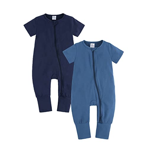Image of JunNeng Baby Boy Girl 2Pcs Rompers Short Sleeve Sleeper Infant Cotton 2-way Zippers Comfy Summer Jumpsuit