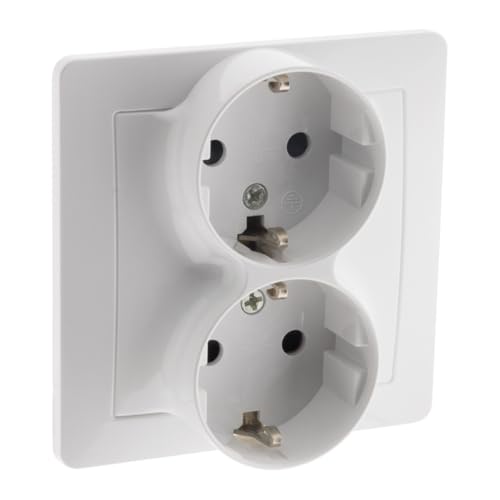 Zenitech, Base Schuko Doble Empotrada Blanca Orys – Conexión rápida con pestañas, Fijación con garra/tornillo, Montaje en caja de empotrar, Dimensiones compactas 3,4 x 8,8 x 8,8 cm