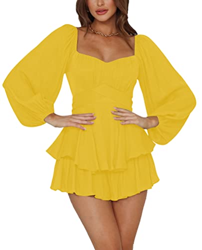 LYANER Women's Jumpsuit Lantern Long Sleeve Ruffle Layer Tie Mini Short Romper Yellow Medium