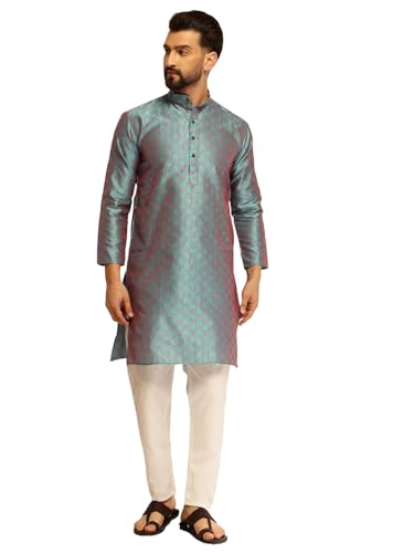Image of SOJANYA (Since 1958 Men's Jacquard Silk Contrast Red Thread Woven Design Kurta With Pyjama