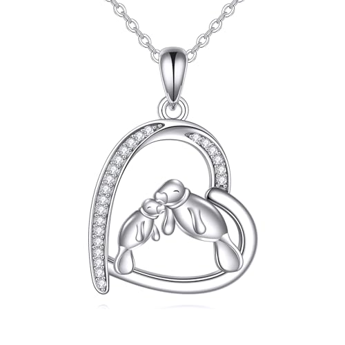 Manatee Gifts for Women 925 Sterling Silver Manatee Necklace Heart Pendant Cute Animal Jewelry Gifts for Women Mother Mom