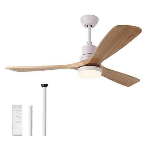 USOR 52" Ceiling Fan with Lights Remote Control, DC Motor Outdoor LED Modern Smart Ceiling Fans, Wood Blades, Noiseless Reversible 6-Speed Motor for Bedroom, Garage, Patios, Kitchen, Farmhouse