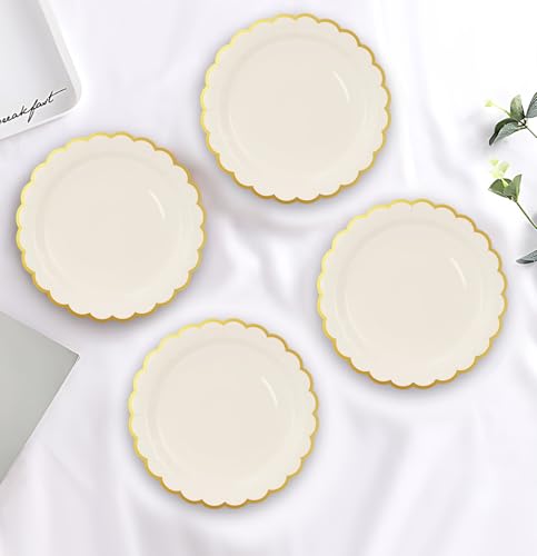 Image of HEIPINIUYE 50 Pieces Ivory Paper Plates with Gold Foil 7 Inch Disposable Ivory Scalloped Dinner Plates for Wedding Baby Shower Birthday Party Dessert Plate