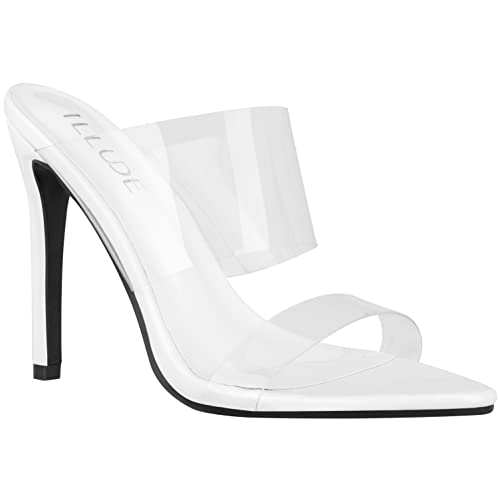 ILLUDE Women’s Clear Pointed Toe Sandals Stiletto Heels Transparent Strap High Heels Slip on Mules