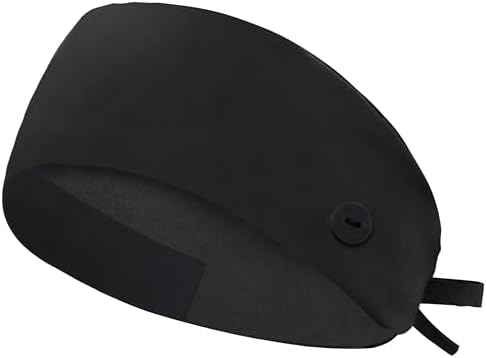 IRIS CRAFT Satin Lined Scrub Cap, Adjustable Surgical Cap With Sweatband Buttons Soft And Wrinkle Resistant Tie Back Scrub Hat For Medical Spa Beauty Kitchen Use One Size Unisex Black