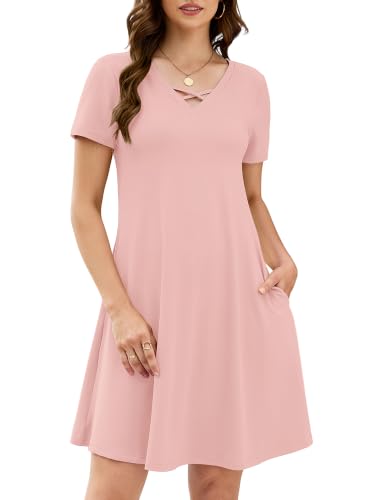 Image of KORSIS Women's Dresses Summer Casual T-Shirt Short Sleeve Criss Cross V Neck Swing Beach Vacation Sundress Dress with Pockets