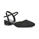 ESSEX GLAM Women's Ankle Strap Court Shoes Women's Block Low Heel Square Toe Black Faux Suede Strappy Heels Size 6