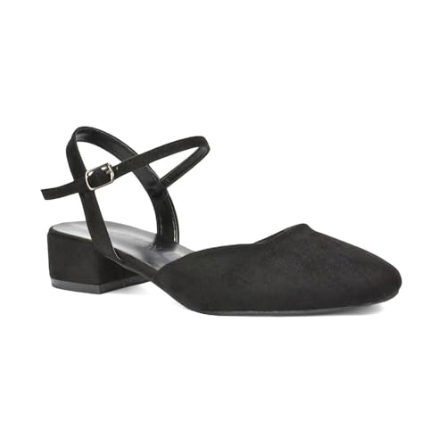 ESSEX GLAM Women's Ankle Strap Court Shoes Women's Block Low Heel Square Toe Black Faux Suede Strappy Heels Size 7