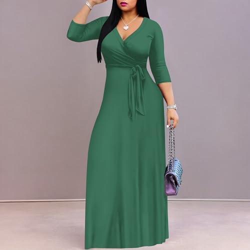 Image of PinkPatty Women's Print Maxi Dresses 3 /4 Sleeve Flowy Long Dress V Neck Wrap Tie Waist Sundress