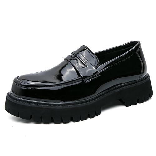 Men's Patent Leather Platform Slip-on Loafers,Fashion Round Toe Non-Slip Thick Sole Business Dress Shoes Causal Party Wedding Prom Shoes