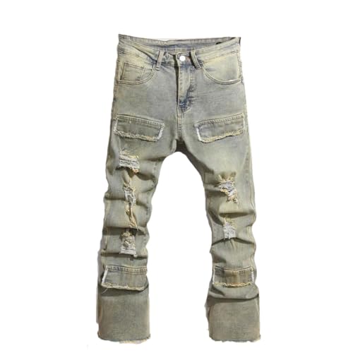 Men Streetwear Retro Style Ripped Spliced Slim Jeans Trousers Hip Hop Denim Pants for Male