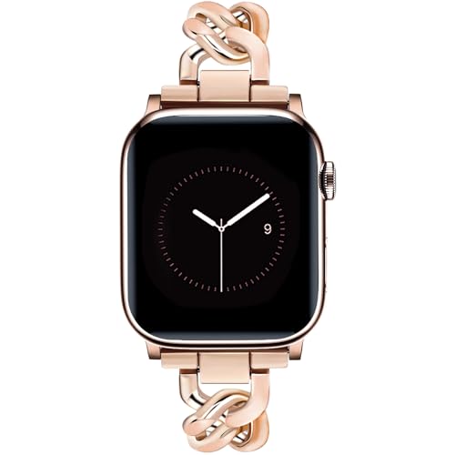 Image of JR.DM Rose Gold Watch Bands for Women Compatible with Apple Watch 38mm 40mm 41mm 42mm(S10 /11) Adjustable Metal Cowboy Steel Single Chain Bracelet for iWatch Series 11 /10 /9 /8 /7 /6 /5 /4 SE 3 /2 /1(No Case)