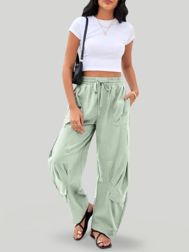 Aoysky Womens Baggy Barrel Wide Leg Pants Drawstring Elastic High Waisted Casual Loose Active Trousers with Pockets Light Blue - 5