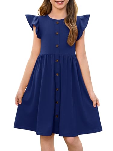 Haloumoning Girls Dress Kids Flutter Sleeve A-Line Button Down Sundress Casual Midi Dresses 5-14 Years