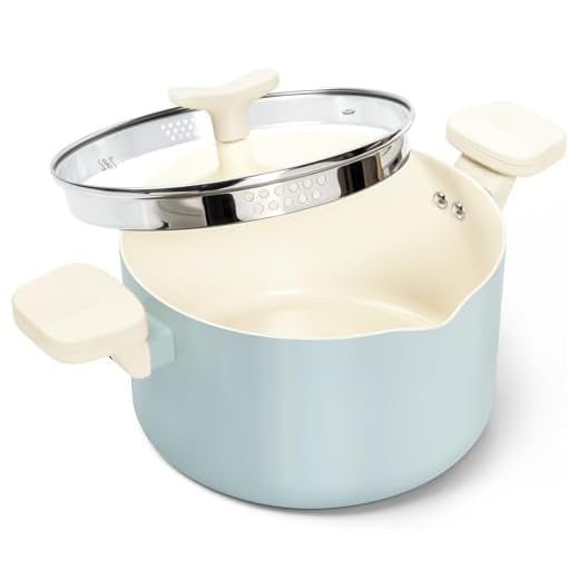 MICHELANGELO 6-Quart Pasta Pot with Strainer Lid - Non-Stick Ceramic Coated Spaghetti Pot with Twist and Lock Handles for Effortless Draining, Induction Compatible, Soft Aqua Finish