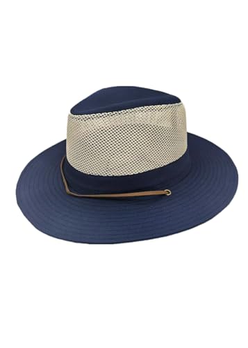 Image of Men's Flat Wide Brim Mesh Safari Outdoor Hat Panama Hat Travel Fishing Hiking with Windproof