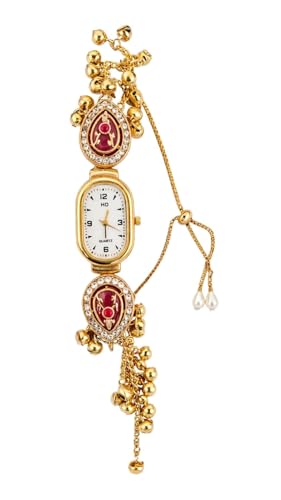 Image of Kashmiri Watch for Women, Gold-Plated, Crystal Studded Ethnic Bracelet with Pearl Charms
