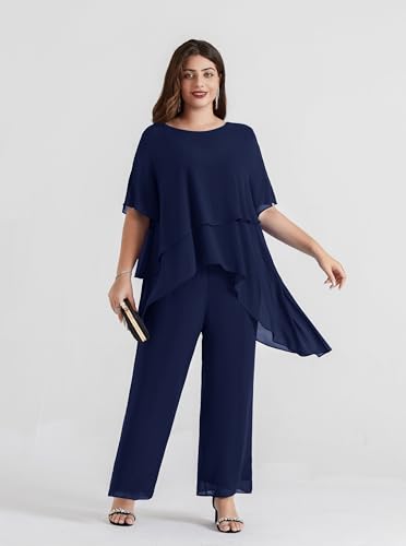 Hanna Nikole 2025 Plus Size Mother of The Bride Pant Suits 2 Piece Chiffon Sets Ruffle Asymmetric Layers Wedding Guest Outfit2