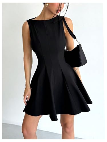 Image of Milumia Boat Neck A Line Flared Mini Dress Summer Casual Club Party Short Sleeveless Tank Dresses Black Medium