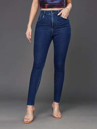 Image of Miss Chase Women's Skinny High Rise Cropped Fringed Hemline Detailing Stretchable Denim Jeans