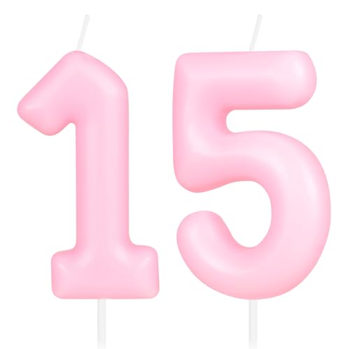 Hongplus Bougie Macaron Rose Numéro 15, Décoration de Gâteau d'Anniversaire pour Filles et Femmes, Décorations de Fête Sweet 15