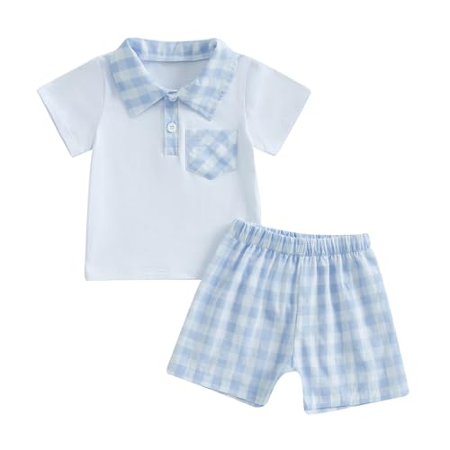 Image of Sasaerucure Infant Toddler Baby Boy Summer Outfit Polo Plaid Short Sleeve T-Shirt Tops and Shorts Set