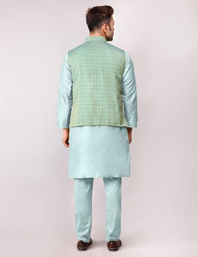 Image of Men's Cotton Silk Blend Regular Kurta Pyjama, Embroidered Nehru Jacket /Waistcoat Set