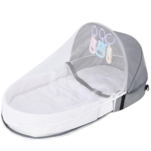 Baby Mobanet, Cuna de cama plegable para bebés para bebés 0-12 meses, parada de nido de bebé con cremallera semicerrada con pantalla de malla y juguetes colgantes para viajar, al aire libre