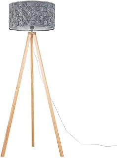 Modern Light Wood Tripod Design Floor Lamp with a Grey Felt Weave Design Cylinder Light Shade