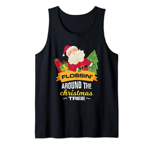 Flossing around the christmas tree Santa christmas design Tank Top, Black