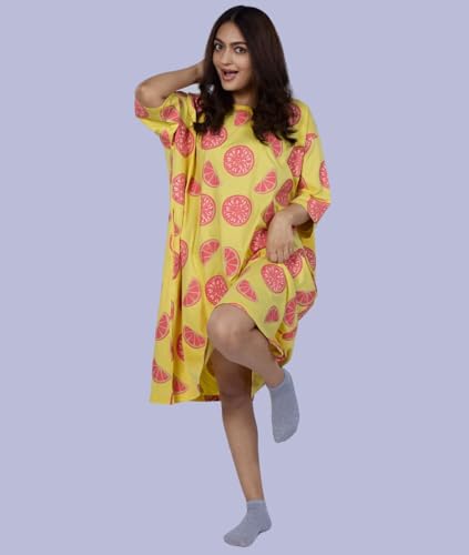 Image of LAMA STORE Women's Printed Oversized T-Shirt Dress, Cotton, 3 /4 Sleeve Length, Casual Loose Fit, Comfort Wear Extra Comfy Oversized Printed Pocket T-Shirt Dress