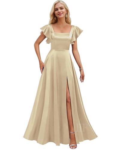 Image of IIF Short Sleeve Bridesmaid Dresses with Pockets Square Neck A-Line Satin Prom Gown Dress for Women with Slit IIF134