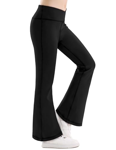 Girls Black Leggings Flare Yoga Pants Cross Over High Waisted Bell Bottoms for Girls Kids Teens Stretchy Dance Leggings Full Length 11Y-12Y