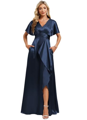 Image of Elegant Satin Bridesmaid Dress with Sleeves Ruffles High Silt Formal Dresses Long for Women Fall DIN022