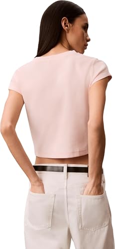 Calvin Klein Damen T-Shirt Kurzarm Woven Label Rib Tee mit V-Ausschnitt, Rosa (Mangano Calcite), XL – Ansicht 3