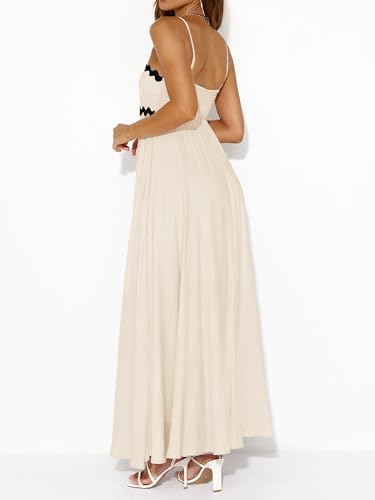 Image of PRETTYGARDEN Women Spaghetti Strap Boho Maxi Dresses Flowy | Sleeveless Smocked Long Dress, Striped Trim Flowy Dress Pockets, Elegant Square Neck Beach Sundress, Casual Summer Outfits