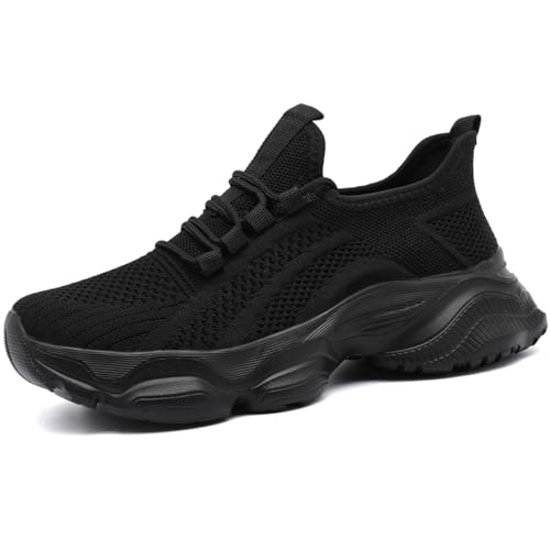 GLYGML Women Chunky Platform Sneakers 2 Inch Height Increase Lightweight Non Slip Walking Shoes for Travel Work Party All_Black US 10