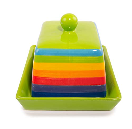 Hand Painted Rainbow Stripe Green Ceramic Butter Dish with Lid - Image 6