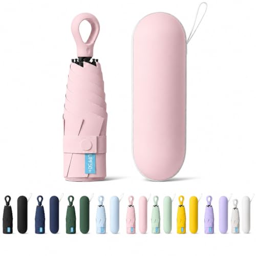 Image of Mini Umbrella with Case for Men & Women (Manual Open) Compact Travelling Pocket Umbrella, Polyester & UV Protect Fabric for Summer /Anti-Slip Handle- Use in Rain & Summer