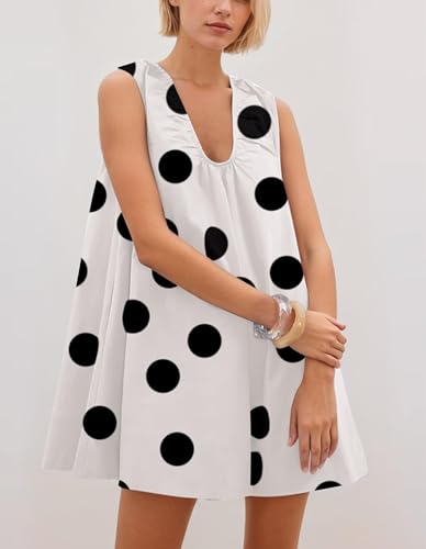 Image of OLAPTA Women Summer Sleeveless Babydoll Mini Tank Dresses Loose Fit Scoop Neck Ruched Short Dress with Pockets Party Clubwear