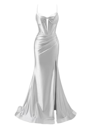 NDMAVOA Women's Sparkly Prom Dresses Long Mermaid Spaghetti Straps Formal Evening Ball Gowns with Slit Sliver 4