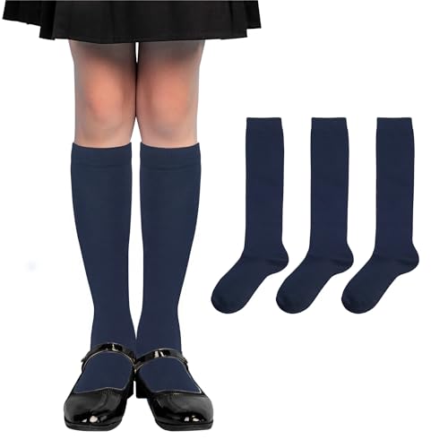 YEJIMONG Girls Knee High Socks School Uniform Dress Cotton Long Socks for Kids Boys 3 Pairs Black White Navy Blue 4-16 Years…